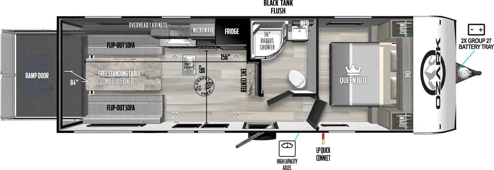 The 2500THK has zero slideouts, one entry, and a rear ramp door. Exterior features front 2x group 27 battery tray, LP quick connect, high capacity axles, and black tank flush. Interior layout front to back: foot-facing queen bed with overhead cabinet and wardrobes on each side; off-door side full bathroom with medicine cabinet; door side entry; entertainment center along inner wall; off-door side refrigerator, kitchen counter with cooktop and sink, skylight, and overhead cabinet with microwave; rear opposing flip-out sofas with free-standing table that converts to king bed. Carpet Free Interior. Garage dimensions: 84 inch rear entry height, 156 inches from rear to bathroom wall, and 66 inches from door side to kitchen counter.